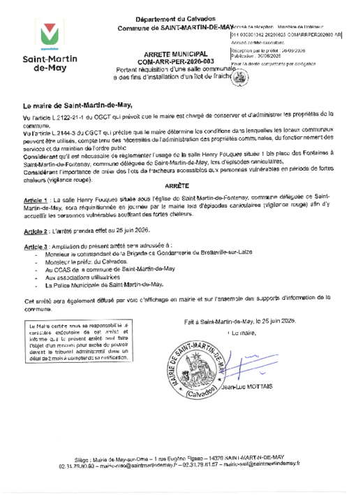 Illustration Arr�t� du 25/06/2026 portant R�quisition d'une Salle Communale � des fins d'installation d'un �lot de fra�cheur