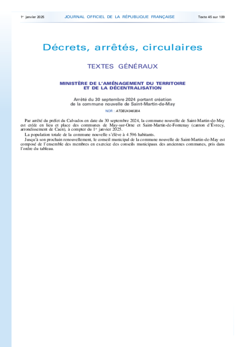 Illustration Arr�t� du 30/09/2024 portant cr�ation de la commune nouvelle de Saint-Martin-de-May